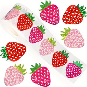 TEMU 500pcs 스파클링 딸기 스티커 롤 - 핑크, 빨간색, 녹색의 글리터 딸기 스티커 롤, 편지지, 스크랩북, 생일 파티 장식, 등에 사용할 수 있는 레이저 컷 자체 접착 스티커, 파티 장식, 축제 스티커, 세이퀀 디테일링