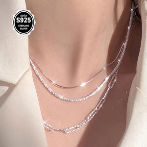 TEMU 3pcs 세트, 간단하고 패션, 925 스테인리스 실버, 다층 웨이브 스네이크 뼈 목걸이 세트, 일상 착용, 데이트, 파티에 적합|은목걸이