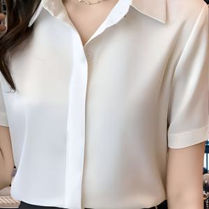 TEMU 여성용 경량 반투명 버튼업 셔츠 - 통기성 폴리에스터 반팔 블라우스, 클래식 칼라, 여름 통근 및 캐주얼 착용용 정상 핏, 모든 사이즈 (XX S-XXL), 다용도 패션, 우아한 디자인, 부드러운 질감