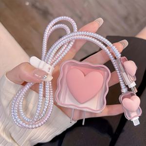 TEMU 5-팩 분홍 하트 모양 TPU 충전기 보호 케이스, 케이블 랩 포함, for iPhone 18W/20W 고속 충전 지원, 배터리 없는 부드러운 보호 케이스 액세서리