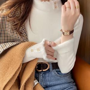 TEMU 여성용 우아한 하이넥 니트 스웨터, 두꺼운 나일론, 단색, 레귤러 핏, 긴팔, 버튼 디테일, 풀오버 스타일, 가을/겨울 패션