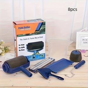 TEMU 8pcs 블루 페인트 롤러 슬리브 키트 - 다기능 홈 및 사무실 벽 스티커 세트, 전문 페인트 롤러, 플로크 엣지, 코너 커터 등이 포함되어 있습니다. - 부드러운 적용에 완벽합니다, 벽 페인트 롤러
