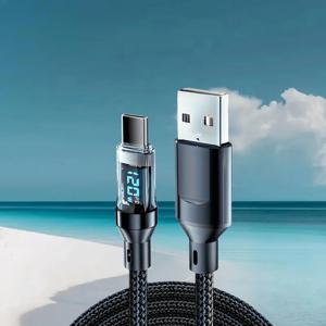 TEMU 투명 USB-Type C 및 지능형 디지털 디스플레이가 있는 고속 충전 케이블. 실시간 디지털 디스플레이 스크린, LED 화면, 평평한 나일론 꼰 와이어, 다양한 브랜드의 전자 기기 충전 및 데이터 전송에 적합한 Type-C to USB 고속 충전 케이블