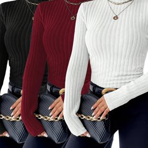 TEMU 3pcs 여성용 롱 슬리브 터틀넥 리브드 탑 - 캐주얼 솔리드 컬러 셔츠, 중간 신축성, 세탁기 사용 가능, 블랙/버건디/화이트, 봄 & 가을 레이어링, 베이직 티셔츠, 클래식 스타일, 편안한 핏, 데일리 웨어