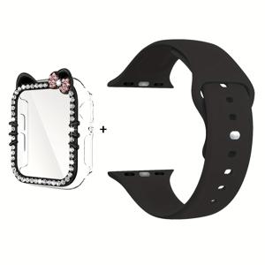 TEMU 2개 iWatch 밴드용 40mm 41mm 44mm 45mm 여성용 소프트 실리콘 손목 밴드, 귀여운 고양이 만화 패턴 반짝이는 PC 케이스, iWatch 시리즈 6 5 4 3 SE용 스크린 프로텍터 포함