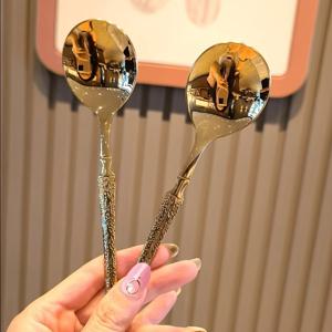 TEMU 1세트 스테인리스 스틸 아이스 패턴 수프 스푼, 두껍게 된 서양 음식 디저트 스푼, 식사 및 음료용 긴 손잡이 포함