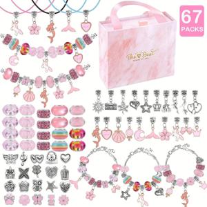 TEMU 유니콘 인어 디자인 DIY 팔찌 비즈 키트 67피스, 60개 매력 장식품 + 3개 팔찌 + 목걸이 끈 포함, 생일/크리스마스/발렌타인데이 선물 추천