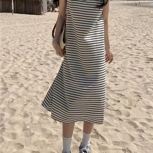 TEMU 새로운 여름 캐주얼 루즈 청소년 블랙 앤 화이트 원숨 롱 드레스와 베스트|나시원피스|민소매원피스