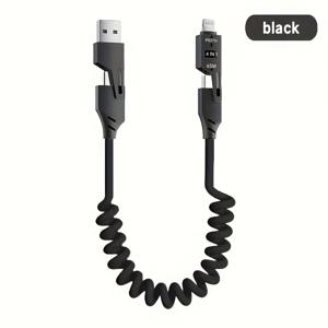 TEMU 4-in-1 스프링 케이블, 65W 4.9ft USB A to USB C 충전기 코드 아이폰/아이패드/맥북 프로/에어팟/삼성/용 - 노란색 코일 케이블, 듀얼 라이트닝 포트, 1 USB-C 포트, 1 USB-A 포트, 1 라이트닝 포트, 1 USB 포트, 스프링 케이블 | 현대적인 케이블 디자인 | 내구성 있는 케이블