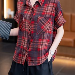 TEMU 여성의 세련된 빨간색 & 검은색 격자 무늬 반팔 셔츠 - 캐주얼 버튼업 포켓, 봄 & 여름에 완벽, 캐주얼 의상|세련된 라펠 셔츠|반팔 셔츠|반팔블라우스