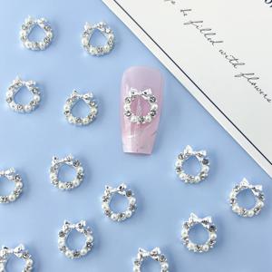 TEMU 30pcs 실버 펠트 라인스톤 네일 아트 세트, 보와 화환 디자인의 합금 네일 장식, DIY 매니큐어 액세서리