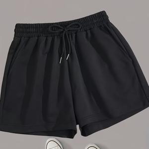 TEMU 여성용 하이웨이스트 반바지 드로스트링 - 검은색 캐주얼 반바지 포켓, 편안한 스트레치 소재, & 캐주얼 의상, 반바지, 의류, 디자인, 부드러운 질감