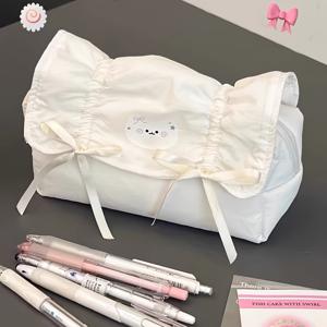 TEMU 시각적으로 매력적인 고양이 & 리본 디자인 대용량 필통 - 내구성 있는 폴리에스터 학교 용품 정리함 (여자아이, 청소년, 학생용) | 스타일리쉬한 문구 보관 가방, 넉넘치는 수납공간 | 재미있는 미적 감각의 쉬운 세탁 소재 펜슬 케이스 파우치|필통