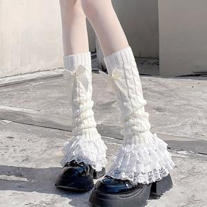 TEMU 1쌍 우아한 블랙 레이스 러플 엣지 레그워머 - 여성용 Y2K 스타일 아크릴 미드튜브 양말, 가을 겨울용, 핸드워시/드라이클리닝 가능, 귀여운 패션 액세서리, 레이스 양말, 포근한 레이어링, 여성스러운 디자인, 트렌디한 룩