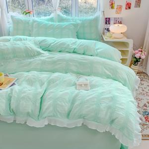 TEMU 3pcs 녹색 공주 스타일 세어서커 레이스 침구 퀼트 커버 세트, 침실에 적합, 수건 세탁 가능, 슈퍼 소프트, 모든 계절에 적합