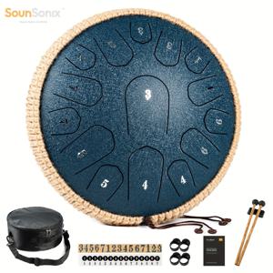 TEMU SounSonix 스틸 혀 드럼 - 13인치 15노트 핸드 팬 드럼, 음악 책, 말렛 및 휴대 가방, D 마이저, 골든/로열 블루/블랙, 2개의 말렛 및 2개의 드럼 헤드 포함, 핸드판 드럼 액세서리, D 마이저 악기, 내구성 있는 구조