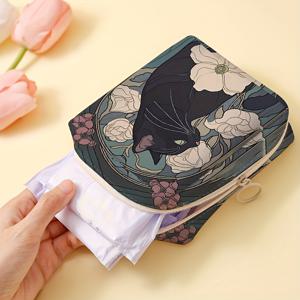 TEMU 다기능 휴대용 수납백, 동백꽃 고양이 프린트 디자인 생리대 정리함, 대용량 화장품 및 사탕 보관 파우치, 가볍고 다용도 스토리지 백