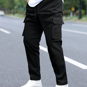 TEMU 1pc 남성 캐주얼 카고 바지, 단색 폴리에스테르 드로스트링 바지 다중 포켓, 레그, 비 스테치, 정규 길이, 봄 / 가을용 미드 웨스트 디자인 - 100 % 폴리에스테르