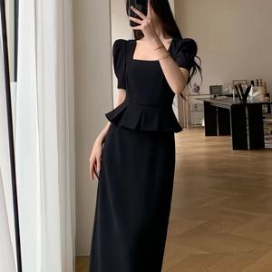 TEMU 우아한 스퀘어 넥 바디콘 드레스, 폴리에스터 혼합, 단색, 직조, 페플럼 디테일, 여성용, 봄/여름/가을에 적합 - 시크한 호보 스타일의 투피스 일루전 롱 드레스|여름원피스|여성원피스|인견원피스