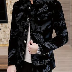 TEMU 남성용 우아한 벨벳 , 기하학 패턴 – 블랙 & 골든 악센트 재킷, 봄/가을용, 버튼업 프론트, 긴 소매, 폴리에스터 소재, 비즈니스 또는 정장 행사용 세련된 스타일