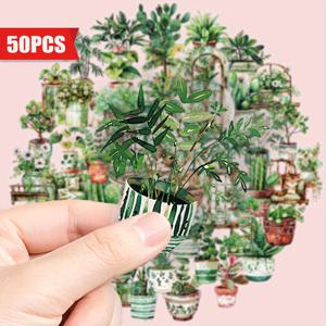 TEMU 50개 수채화 화분 스티커 세트 - 노트북, 휴대폰, 기타, 물병, 자동차, 태블릿, 짐 등에 사용 가능한 비닐 PET 투명 방수 데칼 - 화분 디자인의 미학적인 녹색 식물 스티커, 파티 선물, 보상 및 명절 선물로 완벽함