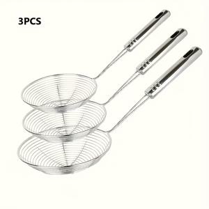 TEMU 3pcs 스테인리스 스트레이너 세트, 내구성 있는 금속 스키머와 긴 손잡이, 튀김, 파스타용 식품 안전 스키밍 스푼, 30.51cm, 32.0cm, 35.0cm 주방 도구