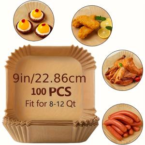 TEMU 100개입 9인치 사각 에어프라이어 파크먼트 라이너 - 천연 무광 목재 파크먼트, 논스틱, 5~8쿼트 에어프라이어에 적합, 명절 요리용으로 완벽함(크리스마스, 할로윈, 이스터, 추수감사절)