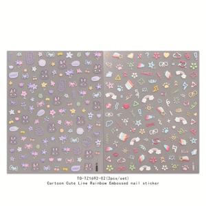 TEMU 2pcs 귀여운 만화 5D 네일 스티커 - 사랑스러운 토끼 & 무지개 디자인, 자체 접착식 인장 데칼, 뾰족한 모양 & 하트, 아크릴 네일, DIY 네일 아트, 여성 및 소녀를 위한 휴일 선물, 네일 아트 액세서리|네일스티커