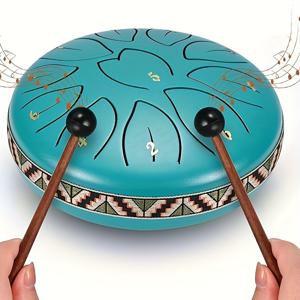 TEMU 야외 정원 비 드럼, 6인치(약 15.2cm) 11노트 스틸 통 루칭 드럼, 명상 비 차임, 가방 포함 성인용 악기, 음악 책, 드럼스틱