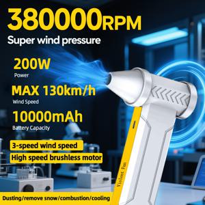 TEMU 380000 RPM 터보 제트 팬 에어 블로워 - 380g 추력, 10000mAh USB-C 고속 충전, 3단계 브러시리스 모터 냉각/눈/먼지/BBQ용 휴대용 핸드헬드 팬 캠핑 차량 청소 - 아버지의 날 선물|차량용선풍기|캠핑선풍기