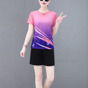 TEMU XY0526B 여성용 퀵드라이 아이스필트 그라데이션 컬러 블록 & 다이내믹 프린트 스포츠 티셔츠 - 테니스, 러닝, 체육관, 야외 활동용 흡습 스트레치 원단 - 봄 여름 가을 액티브웨어, 운동복, 현대적 디자인, 편안한 착용감, 성능 의류, 스타일리시 액티브웨어, 경량 소재, 피트니스 웨어, 러너 기어