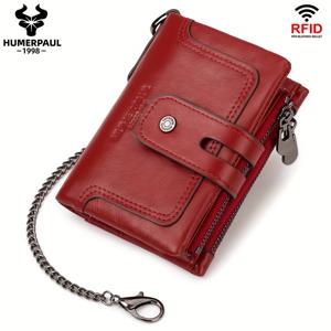 TEMU HUMERPAUL 여성용 진정 가죽 RFID 차단 지갑 - 빨간색 및 검은색 캐주얼 지퍼 동전 지갑, 금속 도난 방지 체인, 내구성 있는 폴리에스터 안감, 일상적인 사용을 위한 컴팩트한 디자인, 안전한 동전 보관, 세련된 액세서리, 튼튼한 금속 체인