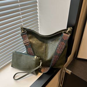 TEMU 2pcs Vanaheimr 에스닉 와이드 숄더 스트랩 토트 백 - 경량, 페이드-저항 합성 소재, 조절 가능한 스트랩 및 지퍼 클로저, 브라운, 블루 및 골든 액센트, 일상 사용 또는 생일 선물로 완벽, 다용도 캐리올 | 에스닉 스타일 백 | 페이드-저항 백, 지갑