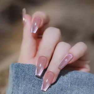 TEMU 24pcs 투명 핑크 갤럭시 고양이 눈가리개 프레스 온 네일, 거친 풀 커버 반사 글리터 네일, 긴 관제 아크릴 네일 여성 및 소녀용, 네일 아