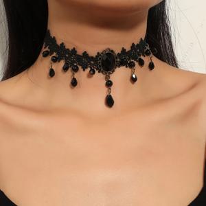 TEMU 빈티지 고딕 블랙 레이스 초커 목걸이, 눈물방울 & 비즈 장식 - 조절 가능한 사계절 여성용 주얼리, 데일리 시크 & 파티 우아함을 위한 고스 목걸이, 다재다능한 패션 액세서리, 정교한 레이스 디자인