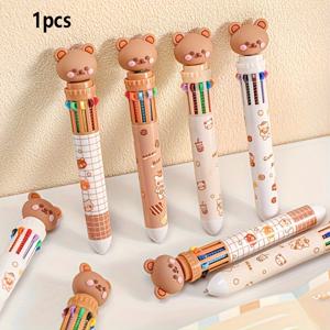 TEMU 10색 곰 만화 프레스 볼펜, 학생을 위한 생생한 필기 도구, 내구성 있고 재미있는 디자인, 중성 수성 잉크, 사무용품