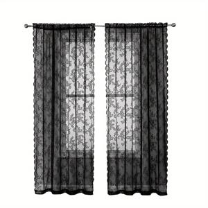 TEMU 1개 블랙 빈티지 플로랄 레이스 커튼 패널 - 거실용 반투명 빛 필터링 로드 포켓 창문 드레이프, 100% 폴리에스터 주름 방지 우아한 홈 데코, 프라이버시 윈도우, 정교한 레이스워크