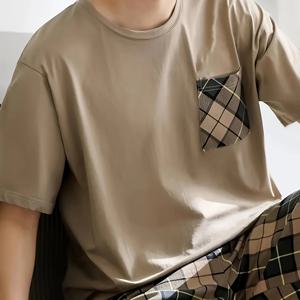 TEMU 남성용 고급 체크무늬 포켓 라운드 넥 반팔 및 체크 쇼츠 파자마 세트 2개, 편안하고 연한 베이지 색상에 적합, 남성 캐주얼 홈웨어