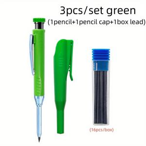 TEMU 솔리드 목공용 연필 세트 (16개 리필 포함, 캡 및 내장형 샤프너) - 2.8mm 깊은 구멍 기계식 연필 마커, 목공 및 도면용 (연필 1개 + 캡 1개 + 리필 상자 1개)