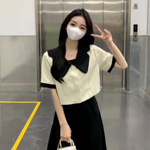 TEMU 여성용 플러스 사이즈 여름 두피스 세트 - 프랑스식 카미 드레스와 타이 프론트 디테일 및 반팔 카디건, 블랙 앤 화이트 컬러 블록, 폴리에스테르, 캐주얼 러시 세트|여름원피스|여성원피스|가디건