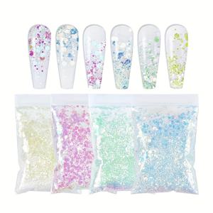 TEMU 4pcs 머메이드 시퀀스 글리터 가방 - 각 10g, 고광택, 향수 없음, 직사각형 두꺼운 홀로그래픽 네일 아트 액세서리, 매니큐어 디자인 및 장식용 스파크링 플레이크, 네일 아트 용품 | 글리터리 머메이드 테마 | 스파크링 머메이드 플레이크, 네일 장식, 배터리 없음