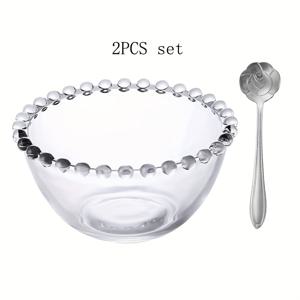 TEMU 2pcs 고급진 진주 프레임 유리 접시와 로즈 스푼 - 오트밀, 요거트, , 아침 디저트에 적합 - 과일 샐러드 및 달콤한 간식, 아침 접시 세트 | 우아한 식기 | 진주가