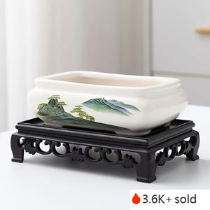 TEMU 1세트/2개 세라믹 화분 + 받침대 1개, 배수구가 있는 우아한 중국 스타일 - 대형 직사각형, 분재 및 다육식물과 대나무 장식용 아름다운 산 나무 무늬 베이스, 실내외 사용 가능 | 기능성 도자기, 야외 식재 용기|화분받침대