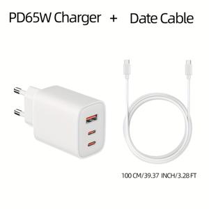 TEMU GEO 65W 3포트 GaN 고속 충전기 벽면 어댑터, 유럽형 플러그 (Type C) - MacBook Pro/Air, HP 노트북, iPhone 15/Pro/Max, 갤럭시 S24/S23 등 호환 가능, 다중 기기 충전, 세련된 디자인, 고속 연결