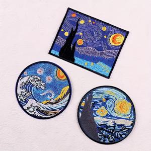 TEMU 3pcs 블루 웨이브, 태양, 달 패턴 자수 천 패치, 반고흐 스타일 패치. DIY 의류, 백팩, 모자에 적합. 의류 배지 장식, 철자/직조
