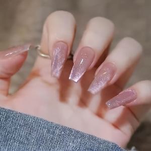 TEMU 24pcs의 발레 모양 아이스 파우더 고양이 눈 손톱 여성용 일상 착용에 적합 + 1pc 젤리 접착제 + 1개 손톱 파일