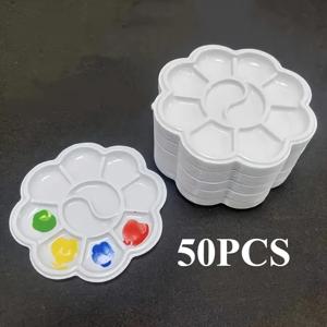 TEMU 50개 미니 꽃 모양 플라스틱 페인트 팔레트 - 워터 컬러, 아크릴 및 고아시 혼합에 이상적, 생동감 있는 색상, 내구성 및 쉬운 청소 디자인, 페인팅용 팔레트