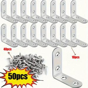 TEMU 50개 두꺼운 스테인리스 스틸 90° L자형 브라켓 세트, 4×4cm 직각 지지대 – 브라켓 10개 + 나사 40개 포함, 가구 보강용, 흔들림 방지, 목재 프레임 고정 | 테이블 | 의자 | 작업대