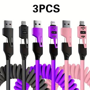 TEMU 3개 PD 65W 최대 4-in-1 고속 충전 케이블 USB 여행용 차량 충전기 삼성 샤오미 화웨이 OPPO 아이폰 아이패드 시리즈 제품용 스프링 텔레스코픽 충전 케이블