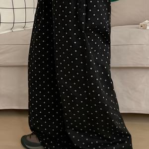 TEMU 여성용 우아한 도트 무늬 와이드 레그 팬츠 - 블랙 & 화이트, 루즈핏, 가벼운 폴리에스터, 캐주얼 또는 드레시 의상에 완벽, 일상적인 편안함 바지 | 도트 패턴 | 가벼운 원단|냉장고바지|바지|여름바지